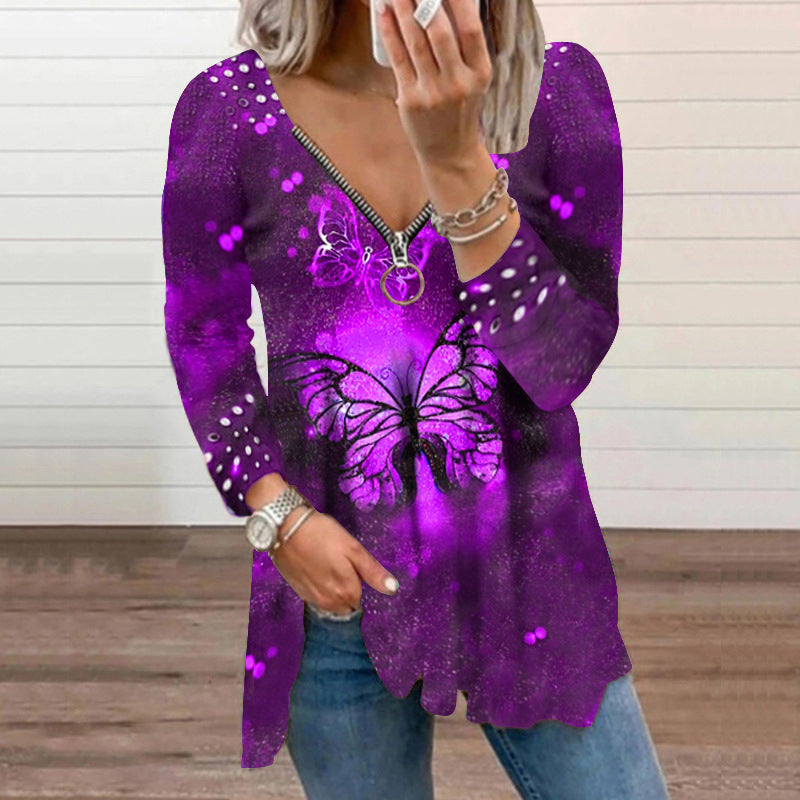 Women's V-neck Zipper Pullover Top Pearl Print T-shirt