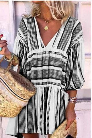 Women's Striped Print V Neck Three Quarter Sleeve Dress - Clevecorner