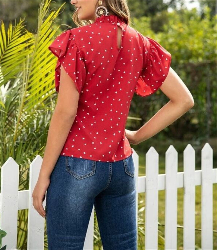 Summer Stand Collar Love Stitching Top - Clevecorner