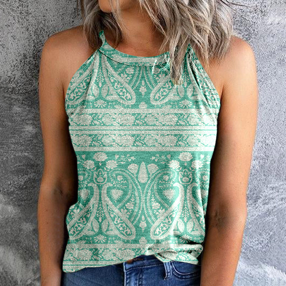 Women's Bohemian Print Vest Stitching Retro Pullover Slim Top - Clevecorner