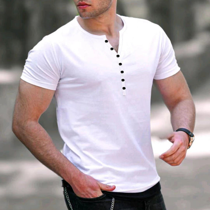 Refined Henley Elegance: Men's Short Sleeve Button-Up Solid Color T-Shirt