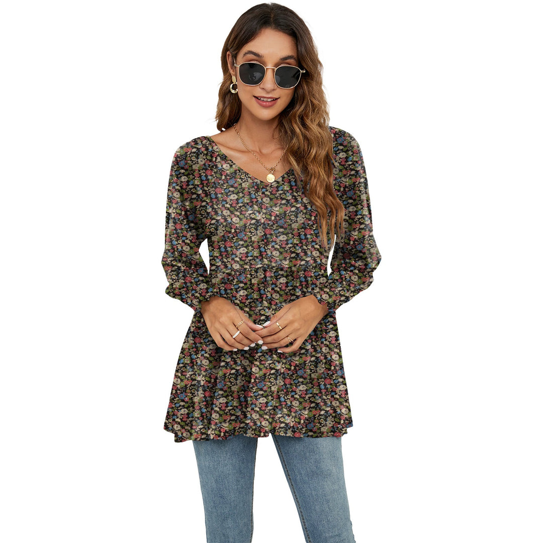 Long Puff Sleeve Tops Women Flowers Print Casual V-Neck Blouse T-Shirts