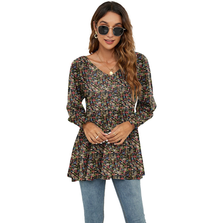 Long Puff Sleeve Tops Women Flowers Print Casual V-Neck Blouse T-Shirts