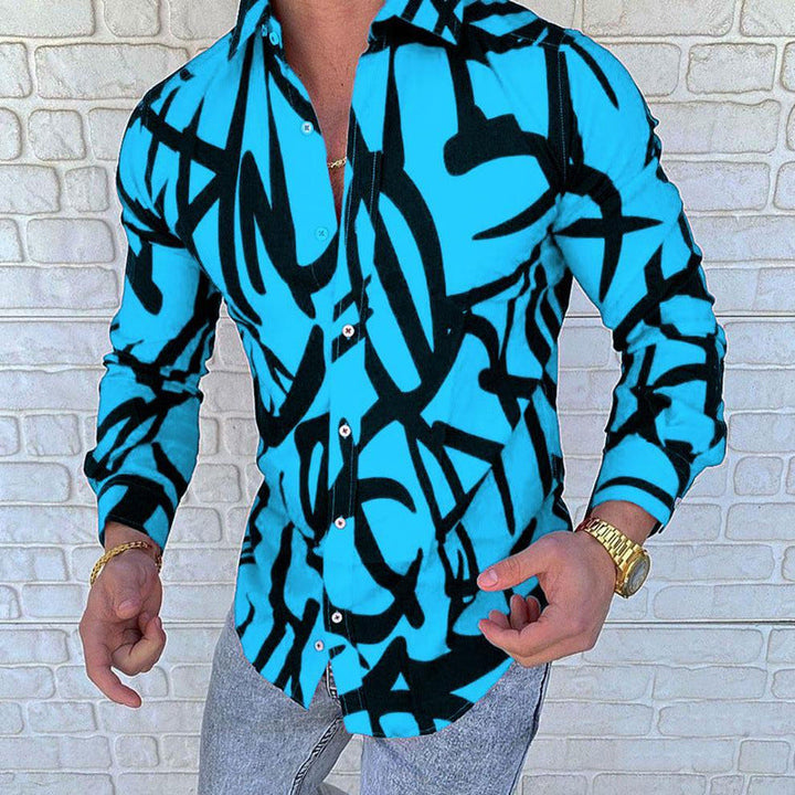 Men's Beach Print Casual Loose Long Sleeve Lapel Men's Top