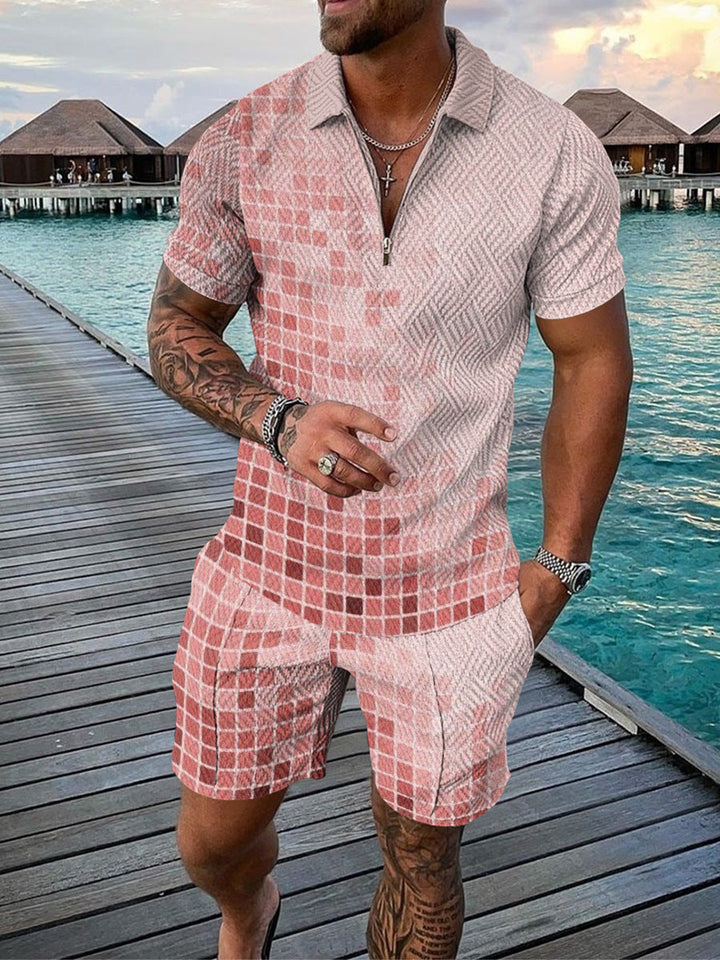 Men's Casual Color Contrast Polo Shirt - Short Sleeve Zip Lapel Suit