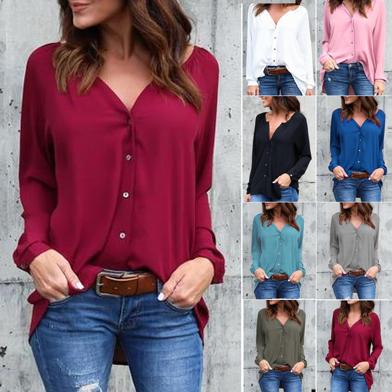 V-neck pleated button chiffon shirt - Clevecorner