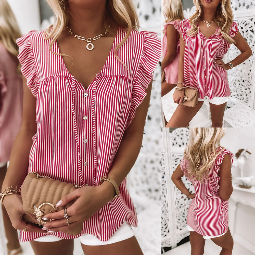 Striped Print V Neck Short Sleeve Blouse