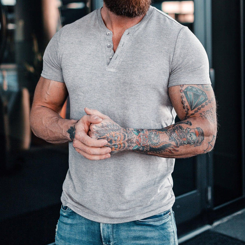 Men's Casual Henley Round Neck Solid Color T-Shirt