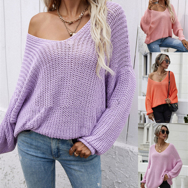 Women's V-Neck Solid Color Pullover Sweater