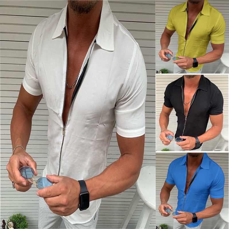 Solid Color Zipper Short Sleeve Cardigan
