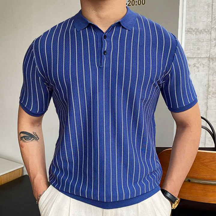 Striped Slim-Fit Short Sleeve Business Shirt with Lapel