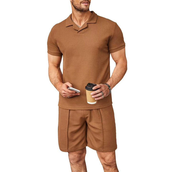 Men's Waffle Style Casual Polo Shirt 2 Pcs Set