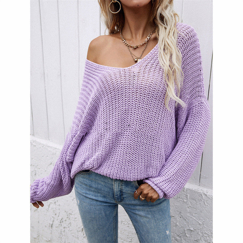 Women's V-Neck Solid Color Pullover Sweater