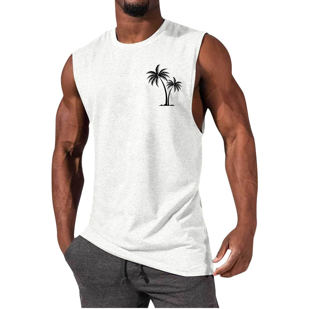 Coconut Tree Embroidery Vest Summer Beach & Workout Tank Top for Men