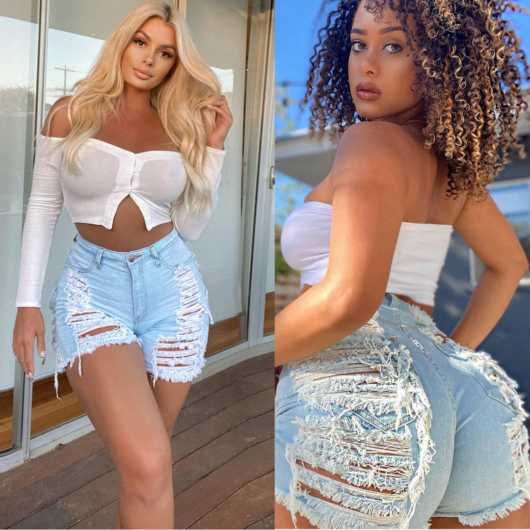 Women Fashion Ripped Denim Shorts Women's Light Blue Ripped Denim Shorts - Clevecorner