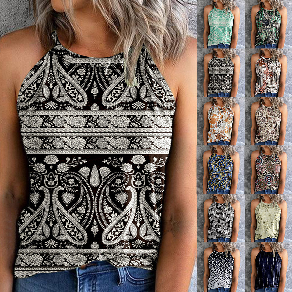 Women's Bohemian Print Vest Stitching Retro Pullover Slim Top - Clevecorner