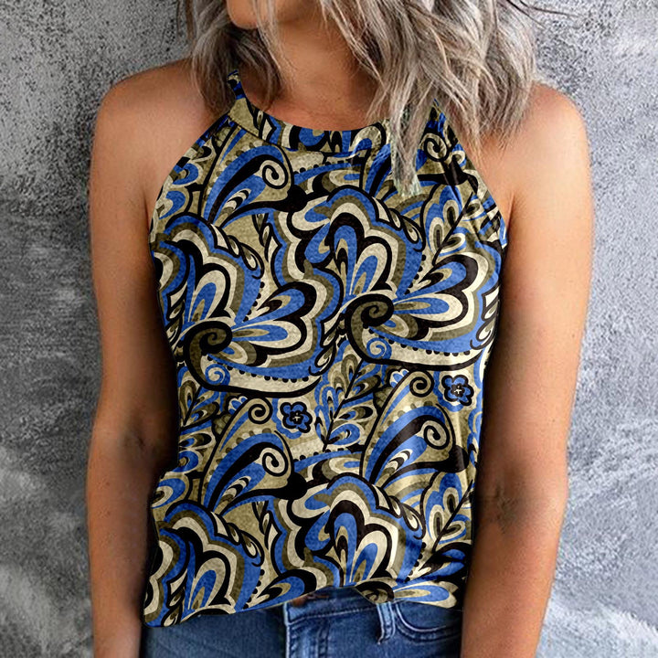 Women's Bohemian Print Vest Stitching Retro Pullover Slim Top - Clevecorner