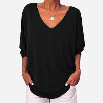 V-neck bat long sleeve back button T-shirt - Clevecorner