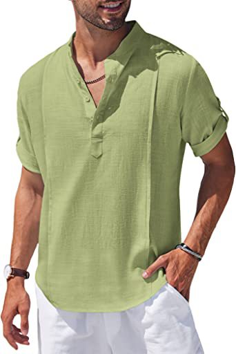 Henley Linen Men Casual Short Sleeve T-Shirt