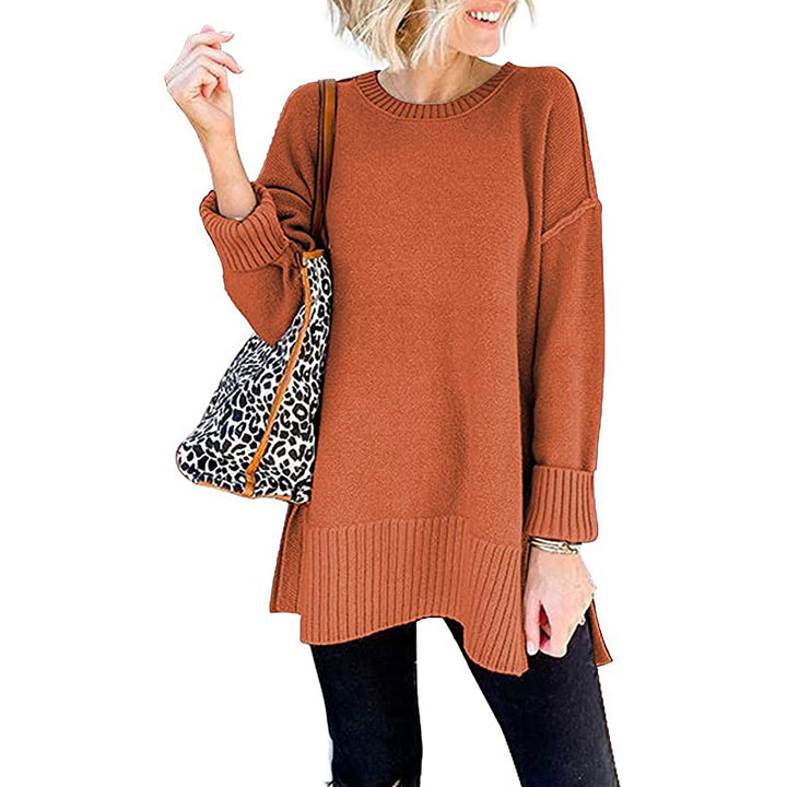Long Sleeve Side Slit Loose Wool Knit Pullover Blouse