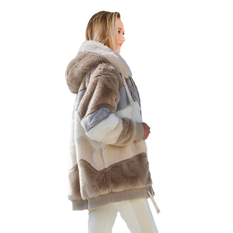 Women's Loose Plush Multicolor Hooded Jacket - Clevecorner