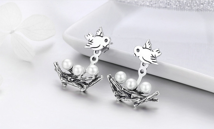 Sterling Silver Simple Birds And Pearls Earrings