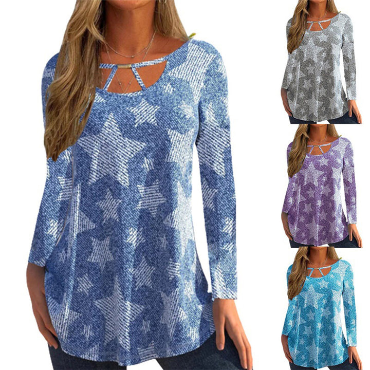 Women's Patchwork Loose Print Round Neck Pullover T-shirt - Clevecorner