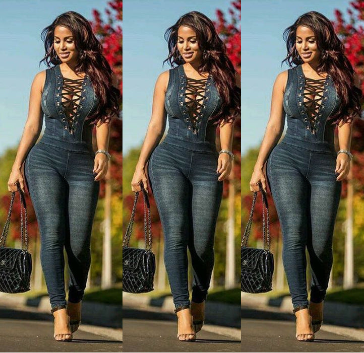 Denim slim breasts set eyelets jumpsuit