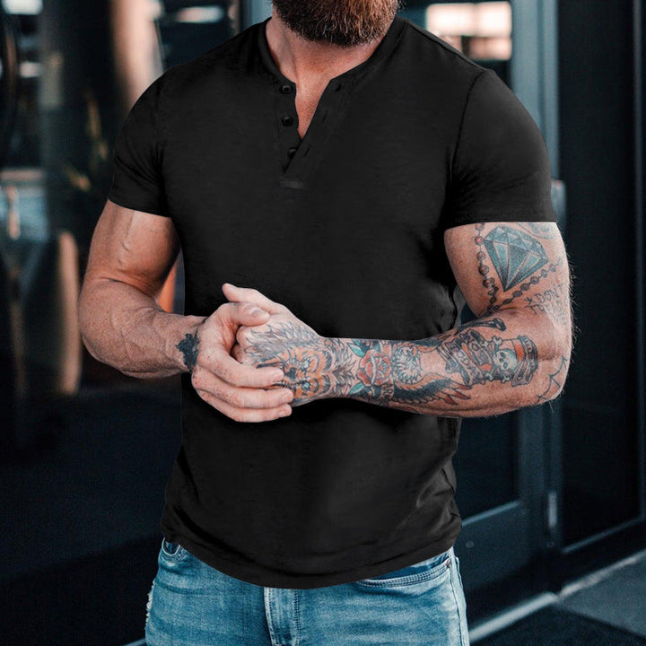 Men's Casual Henley Round Neck Solid Color T-Shirt