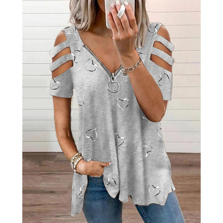V-neck Zipper Print Short Sleeve Loose Casual T-shirt - Clevecorner