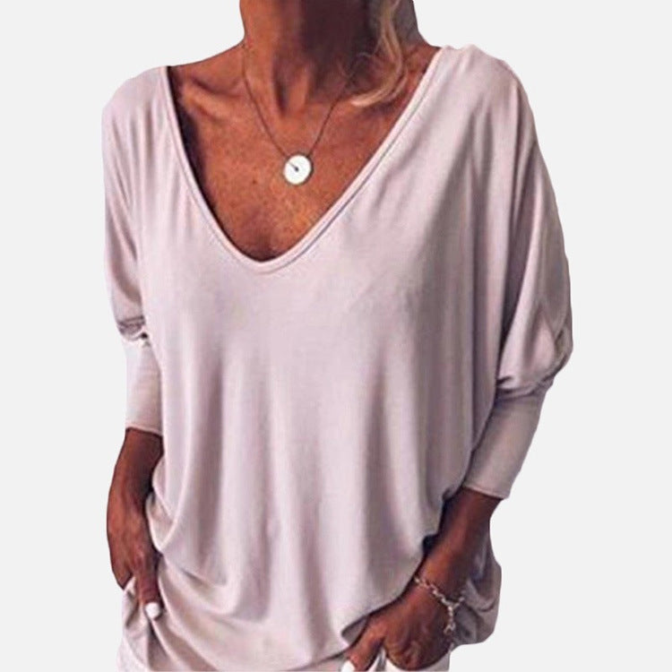 V-neck bat long sleeve back button T-shirt - Clevecorner