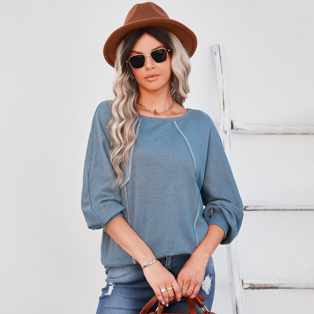 Women's Round Neck Loose Long Sleeve Pullover Bottoming Shirt Top - Clevecorner