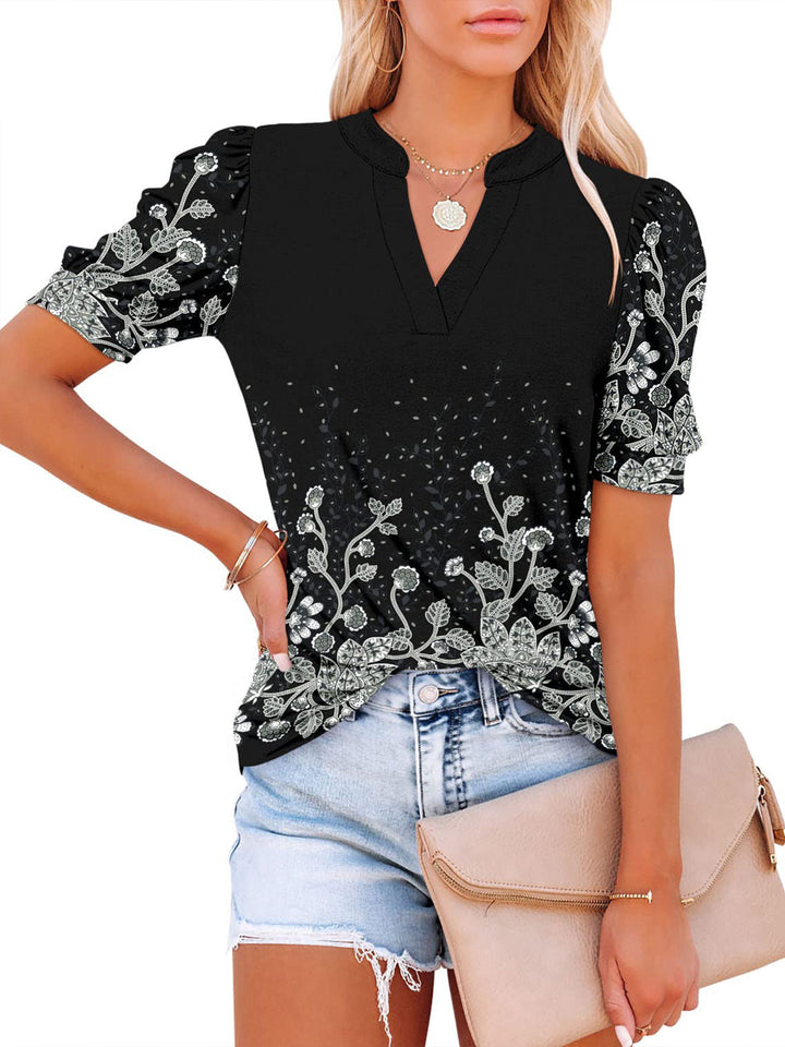Fashion V-Neck Print Loose Casual Puff Sleeve Pullover Top
