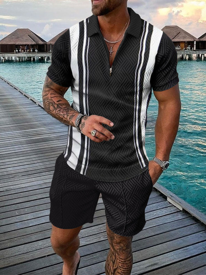 Men's Casual Color Contrast Polo Shirt - Short Sleeve Zip Lapel Suit