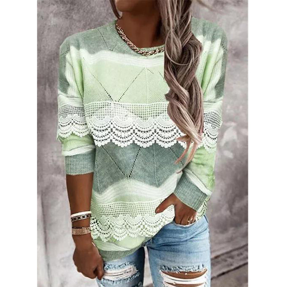 Fashionable Round Neckline Pullover Color Block Casual Top