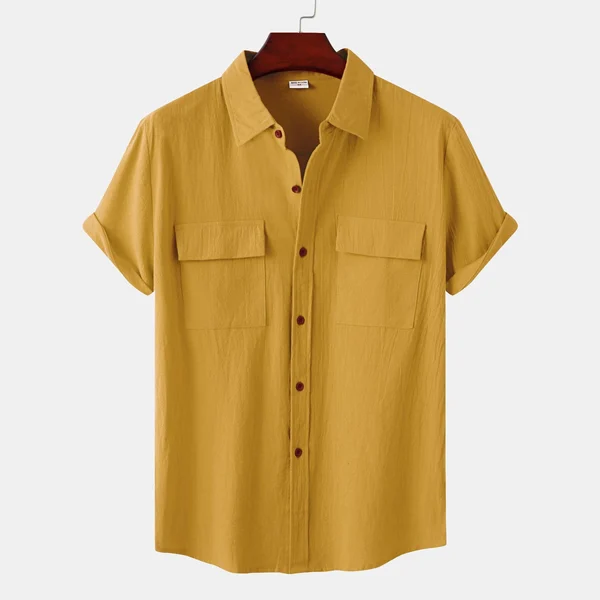 Men's Solid Color Casual Cotton Linen Short Sleeve Shirt
