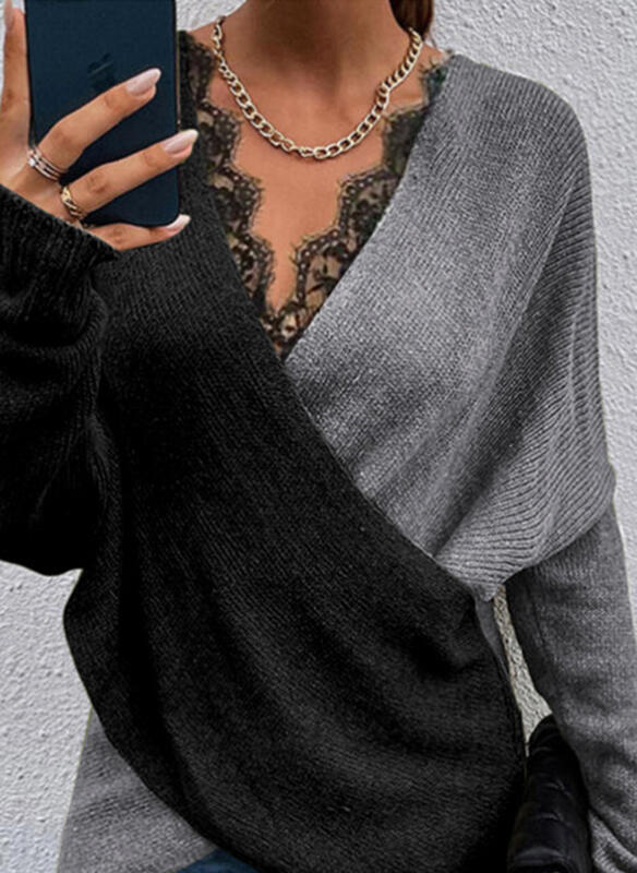 Knitted Temperament Commuter Color Matching V-neck Loose Pullover