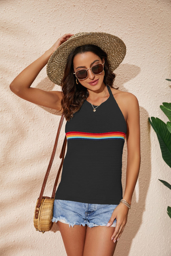 Rainbow Color Stripe Halter Backless Knitted Lace-up Vest