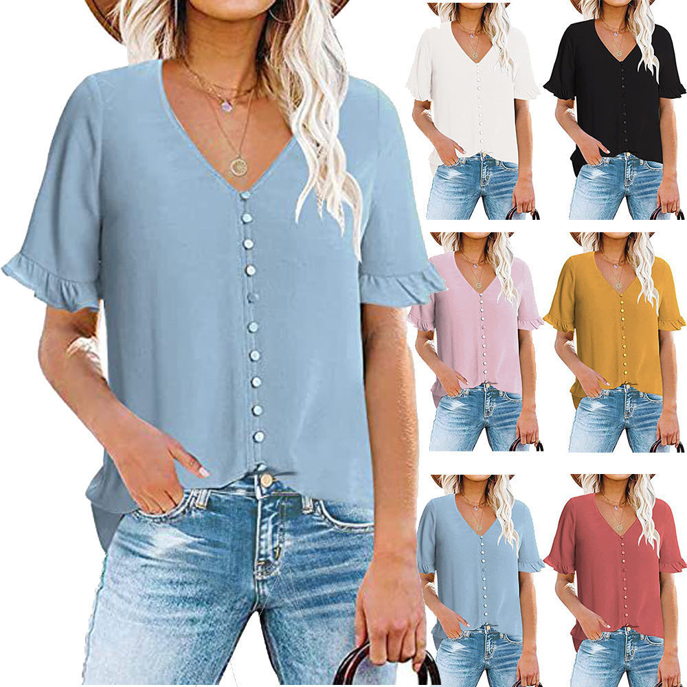 Women's Ruffle V-Neck Button-Down Shirt - Clevecorner
