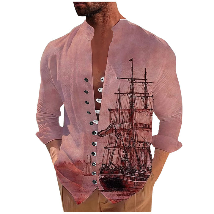 Men's 3D Vintage Print Sailboat Stand Col Button-Down Shirt
