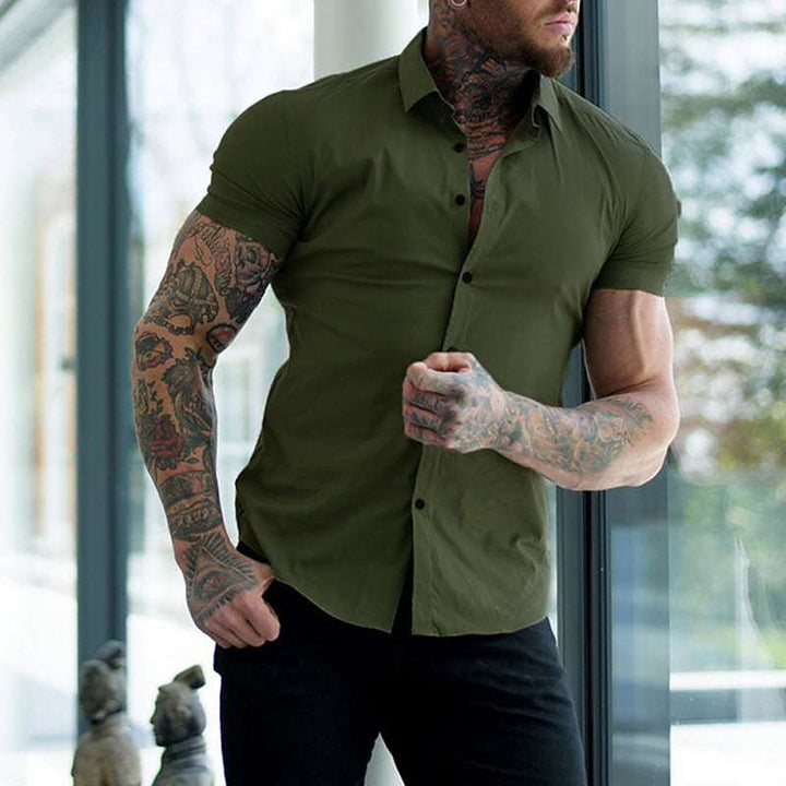 Men's Slim Fit Short Sleeve Solid Color Cardigan Shirt
