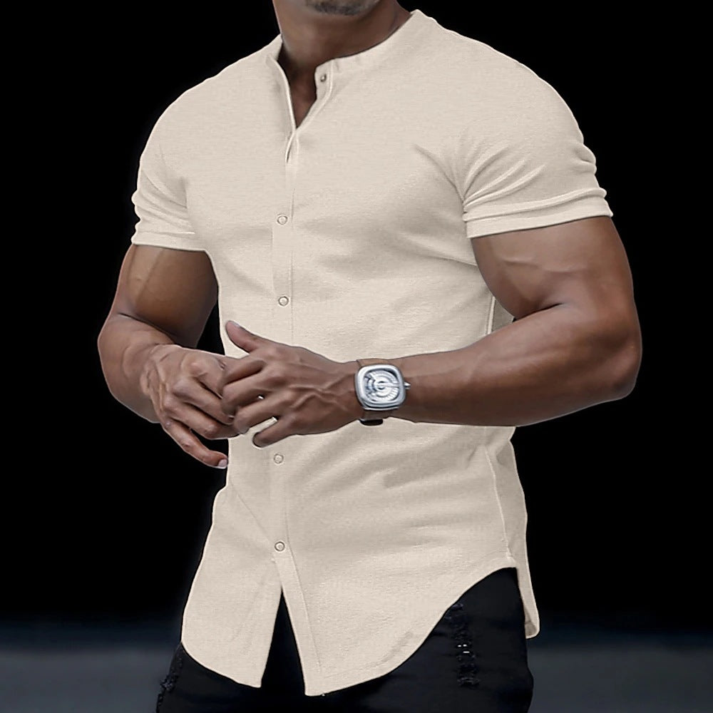 Men's Henley Stand Collar Solid Color Shirt