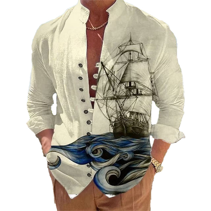 Men's 3D Vintage Print Sailboat Stand Col Button-Down Shirt