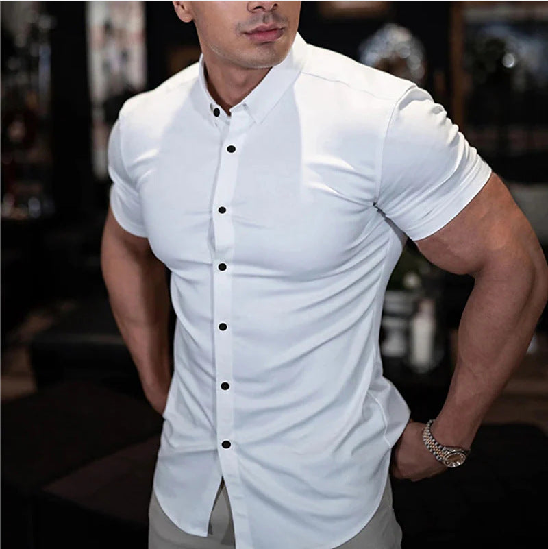 Men's Slim Fit Short Sleeve Solid Color Cardigan Shirt