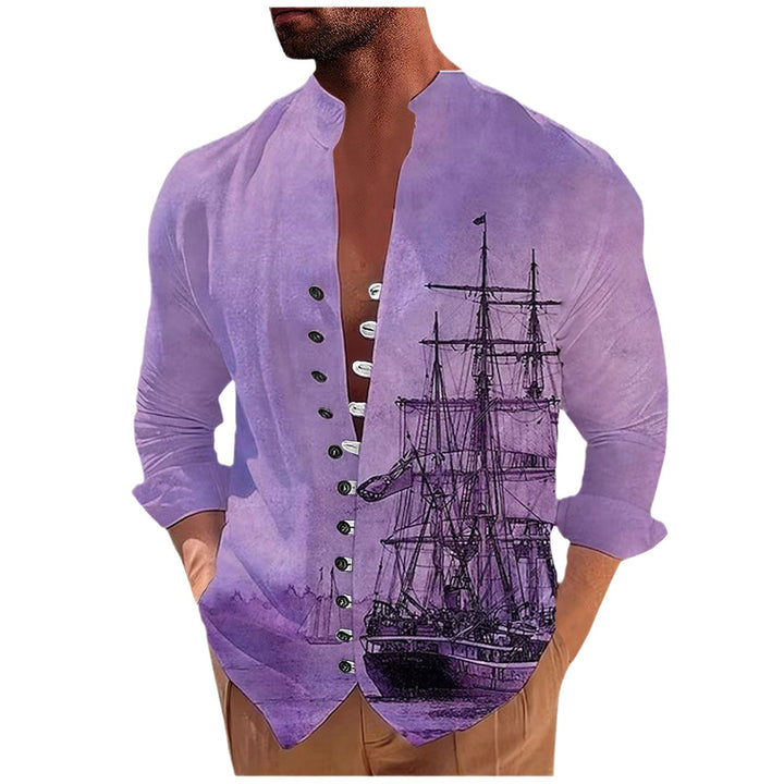 Men's 3D Vintage Print Sailboat Stand Col Button-Down Shirt