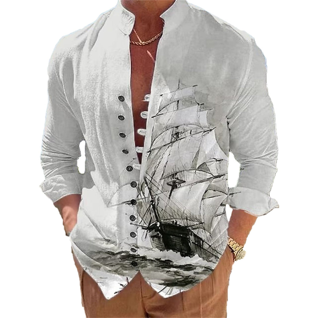 Men's 3D Vintage Print Sailboat Stand Col Button-Down Shirt