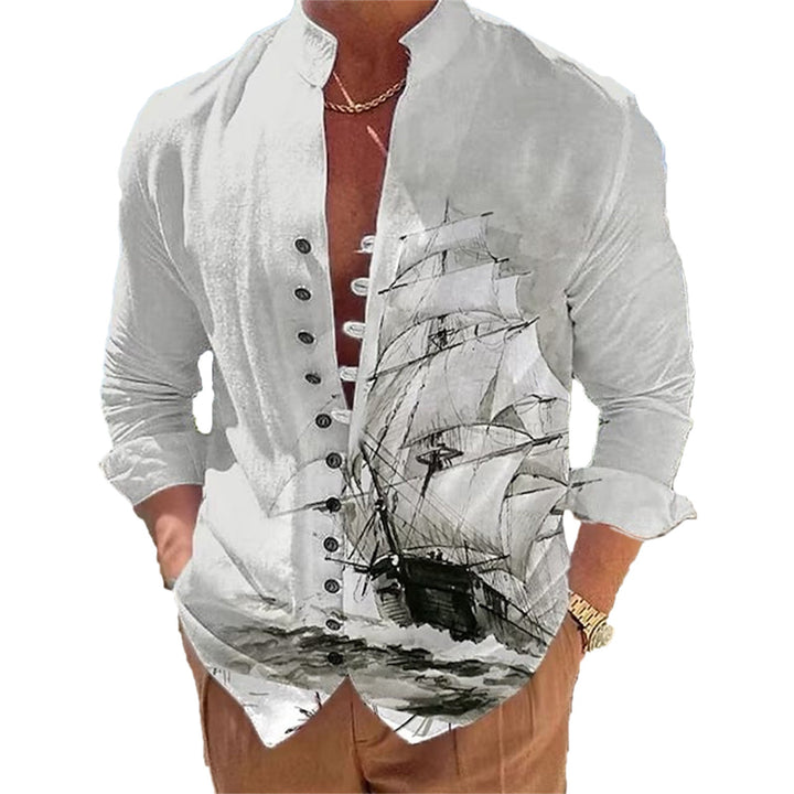 Men's 3D Vintage Print Sailboat Stand Col Button-Down Shirt