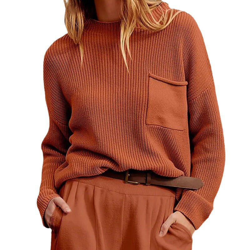 Women's Round Neck Long Sleeve Pocket Sweater