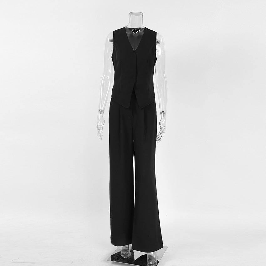 Black Slim V-neck Sleeveless Vest Straight-leg Trousers Suit