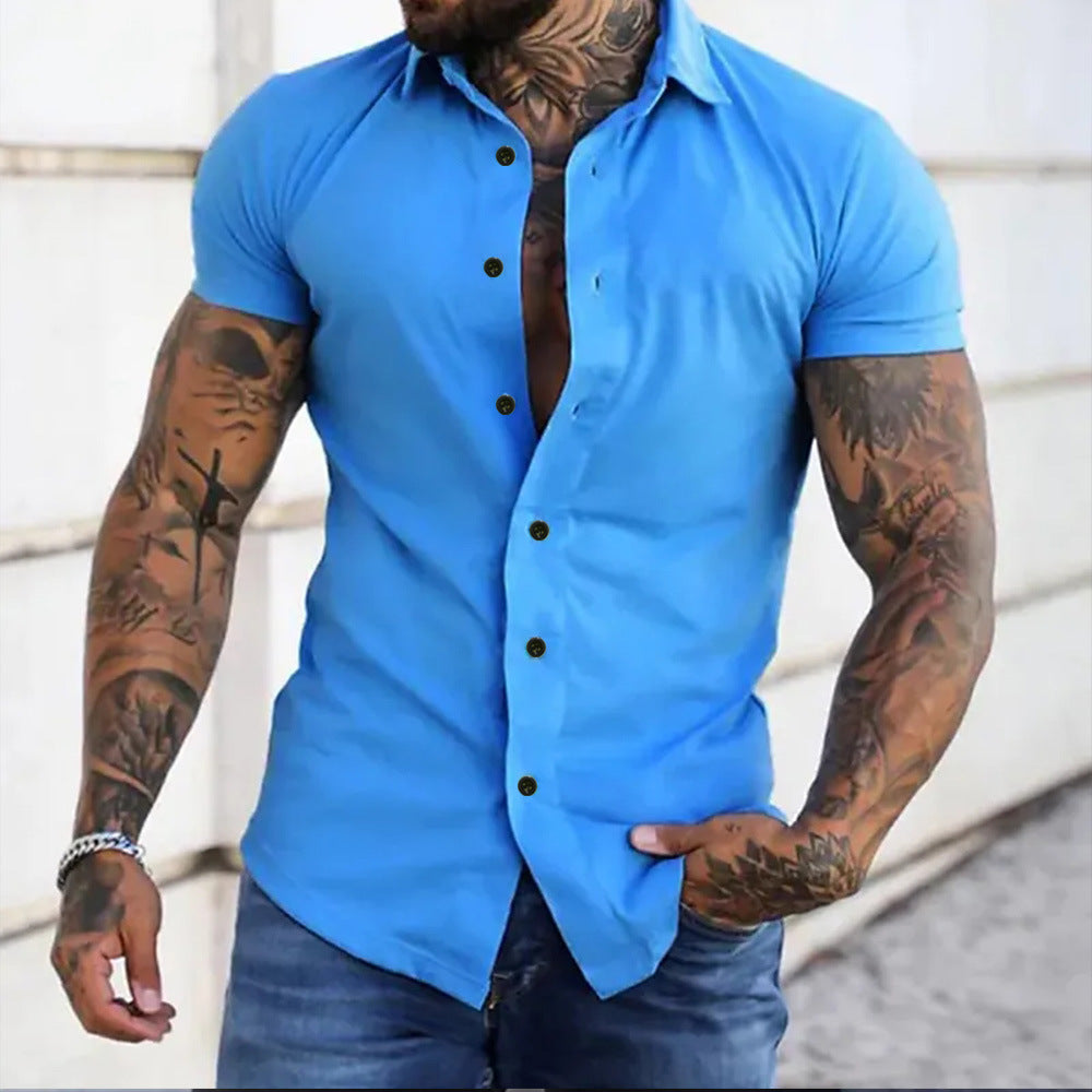 Men's Slim Fit Short Sleeve Solid Color Cardigan Shirt